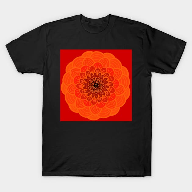 Graphic flower in orange-brown tones on red background T-Shirt by marina63